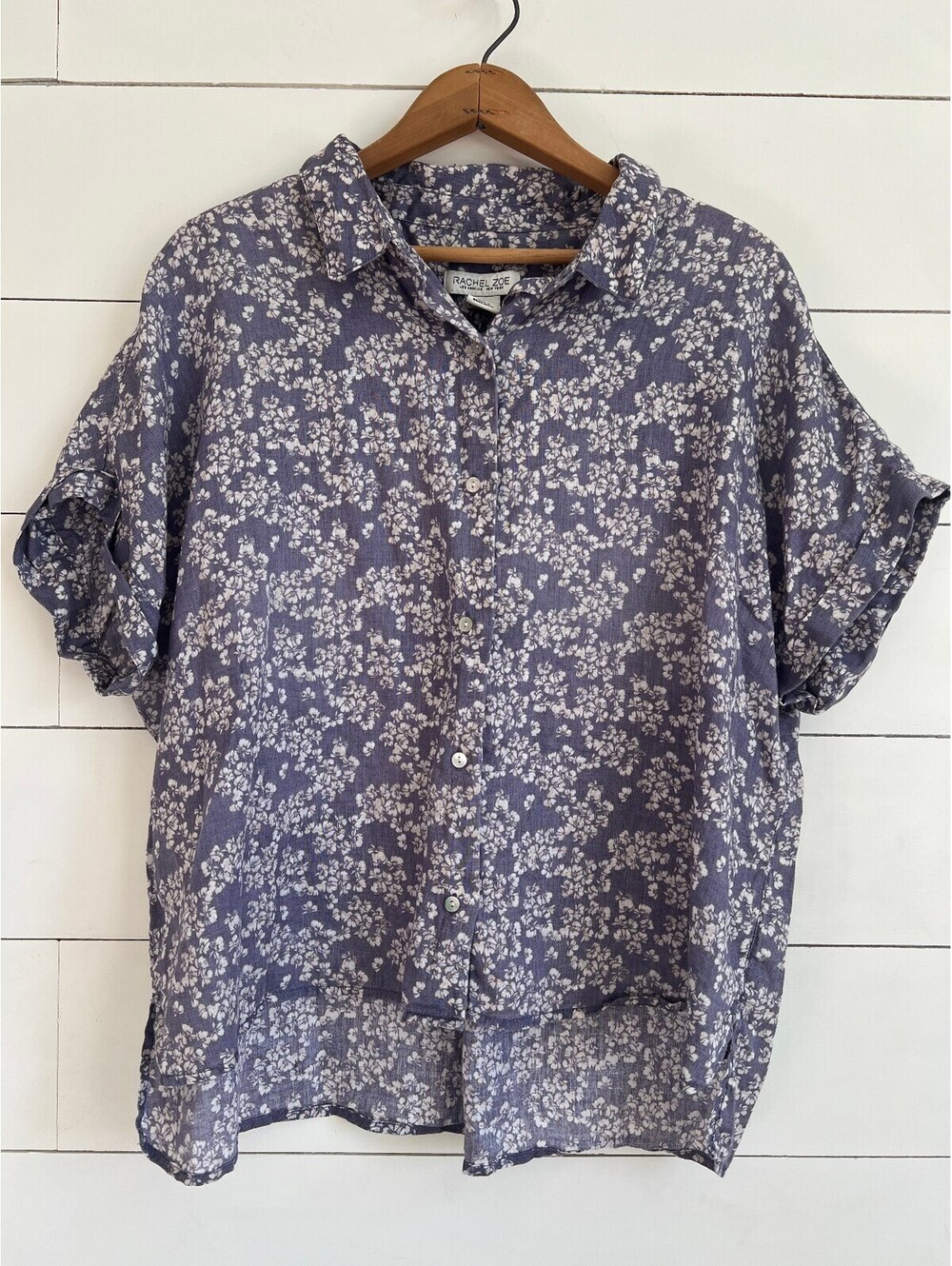 Rachel Zoe Floral Button-Up Blouse Women's Size L 100% Linen Lightweight Casual